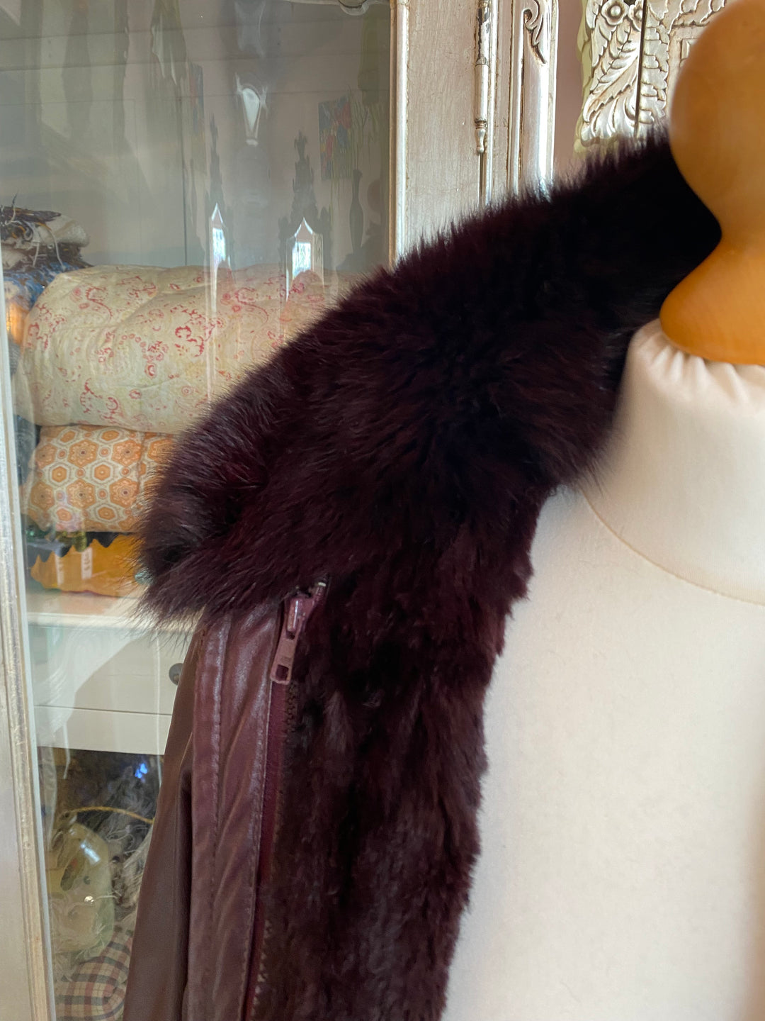 Burgundy Fur Lined Bomber Jacket