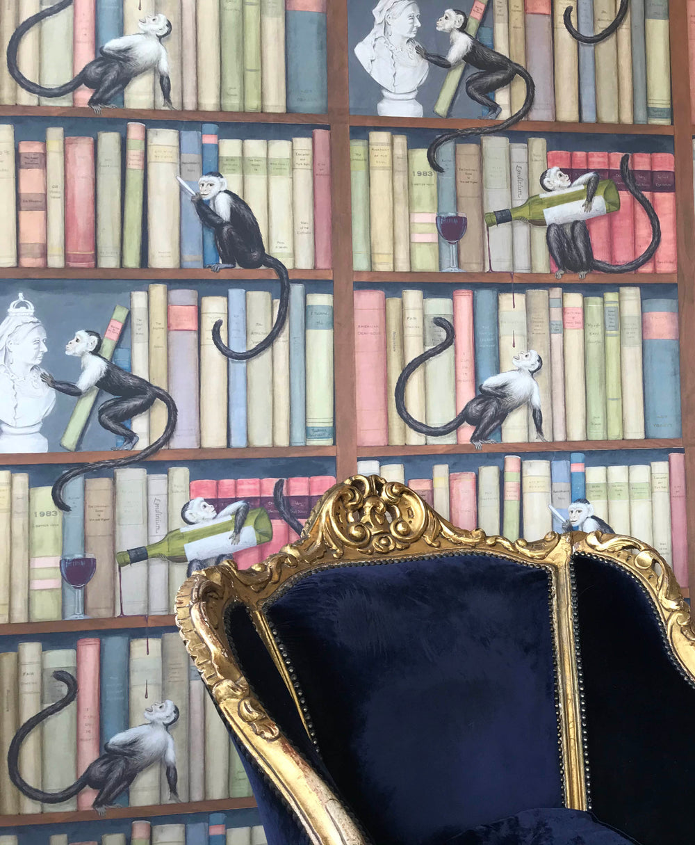Cheeky Monkeys in the Library Wallpaper by Frederick Wimsett