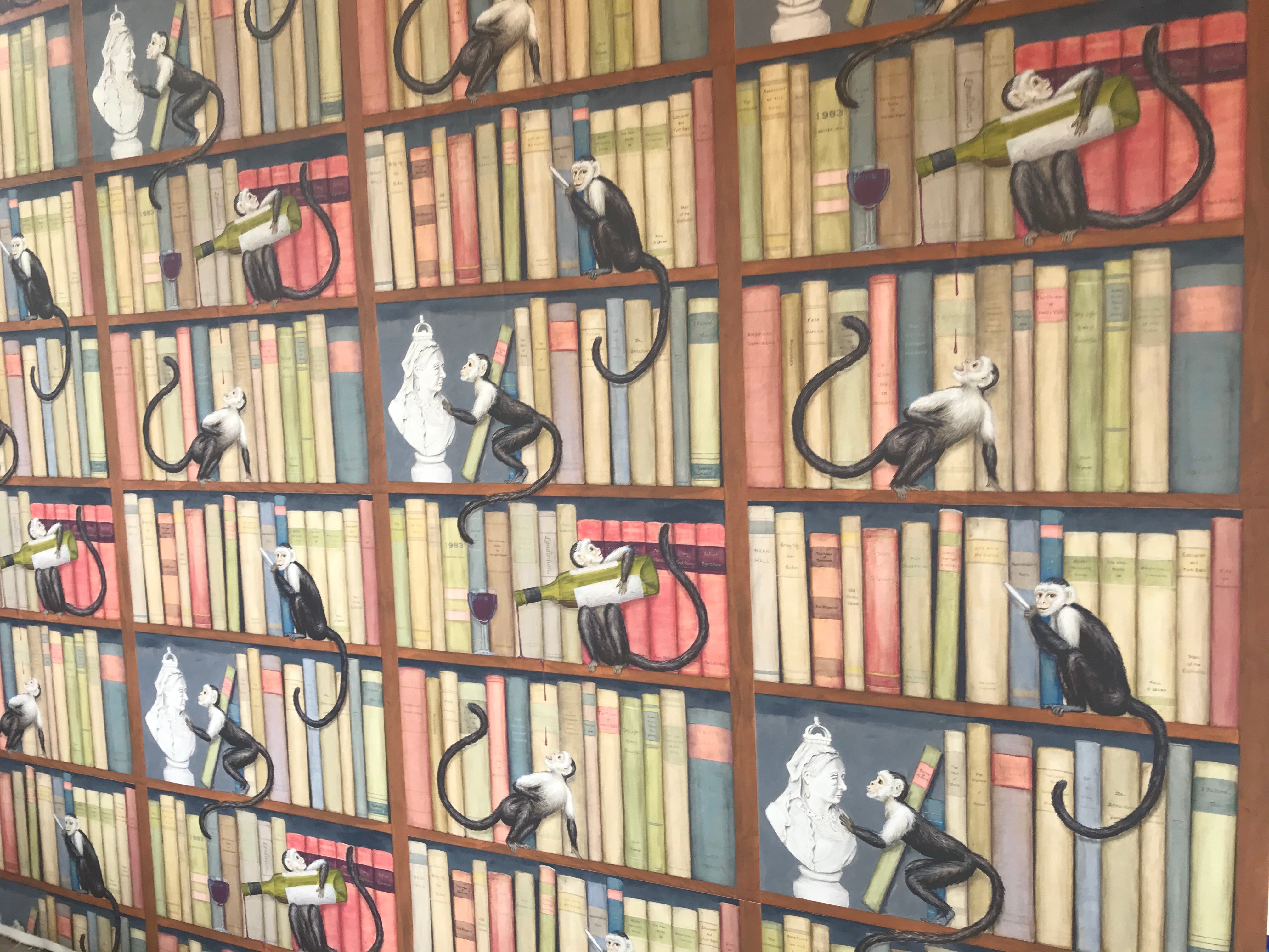 Cheeky Monkeys in the Library Wallpaper by Frederick Wimsett