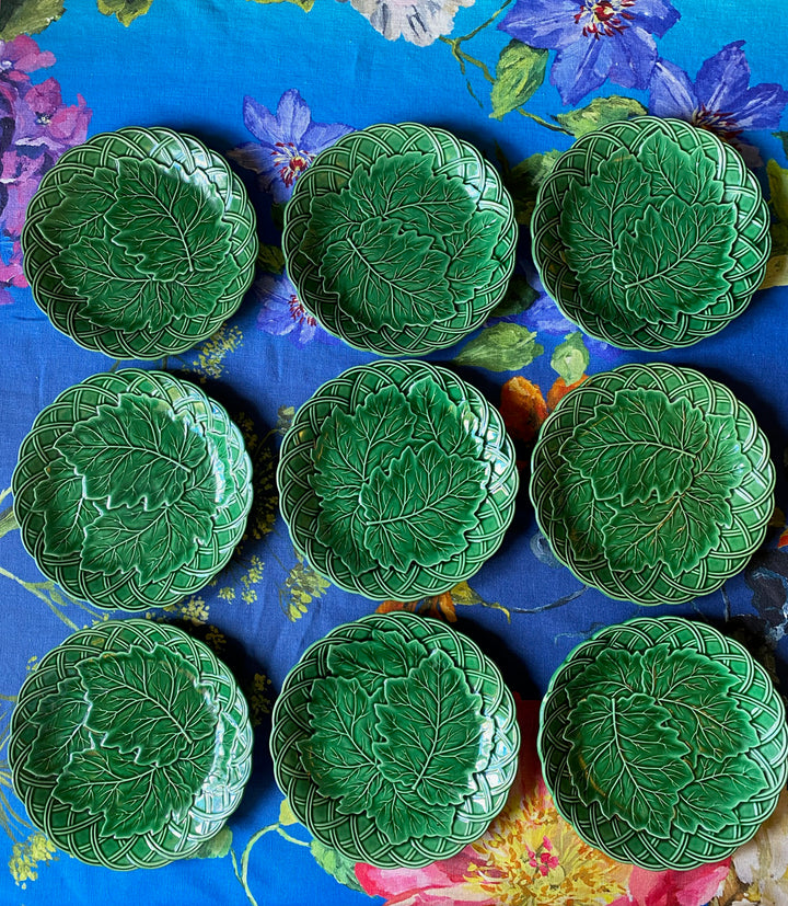 Antique Majolica Green Grape Leaf &amp; Basket Salad Plate Set of 10