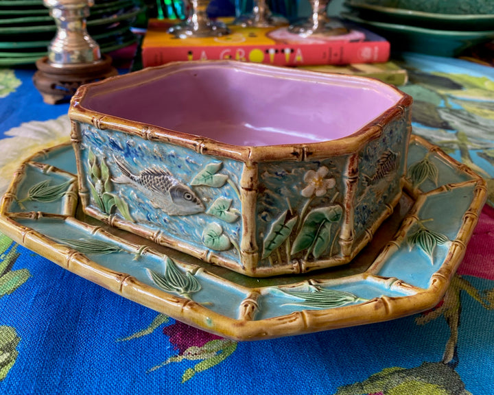 Rare Antique George Jones Majolica Sardine Dish &amp; Plate
