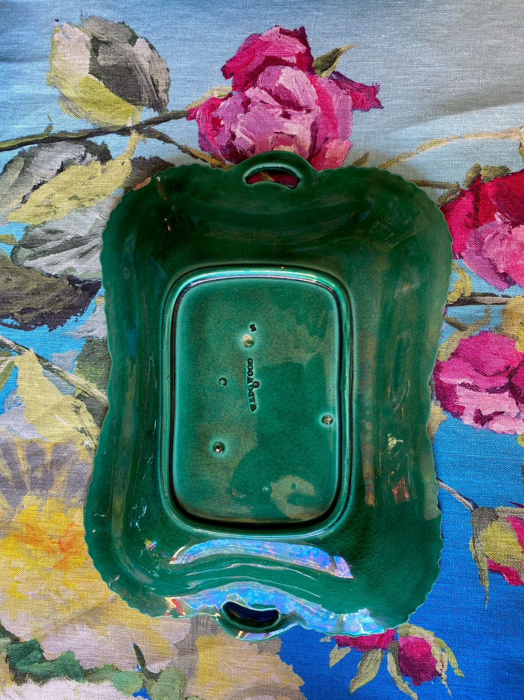 Antique Wedgwood Green Majolica Sunflower &amp; Basket Serving Plate