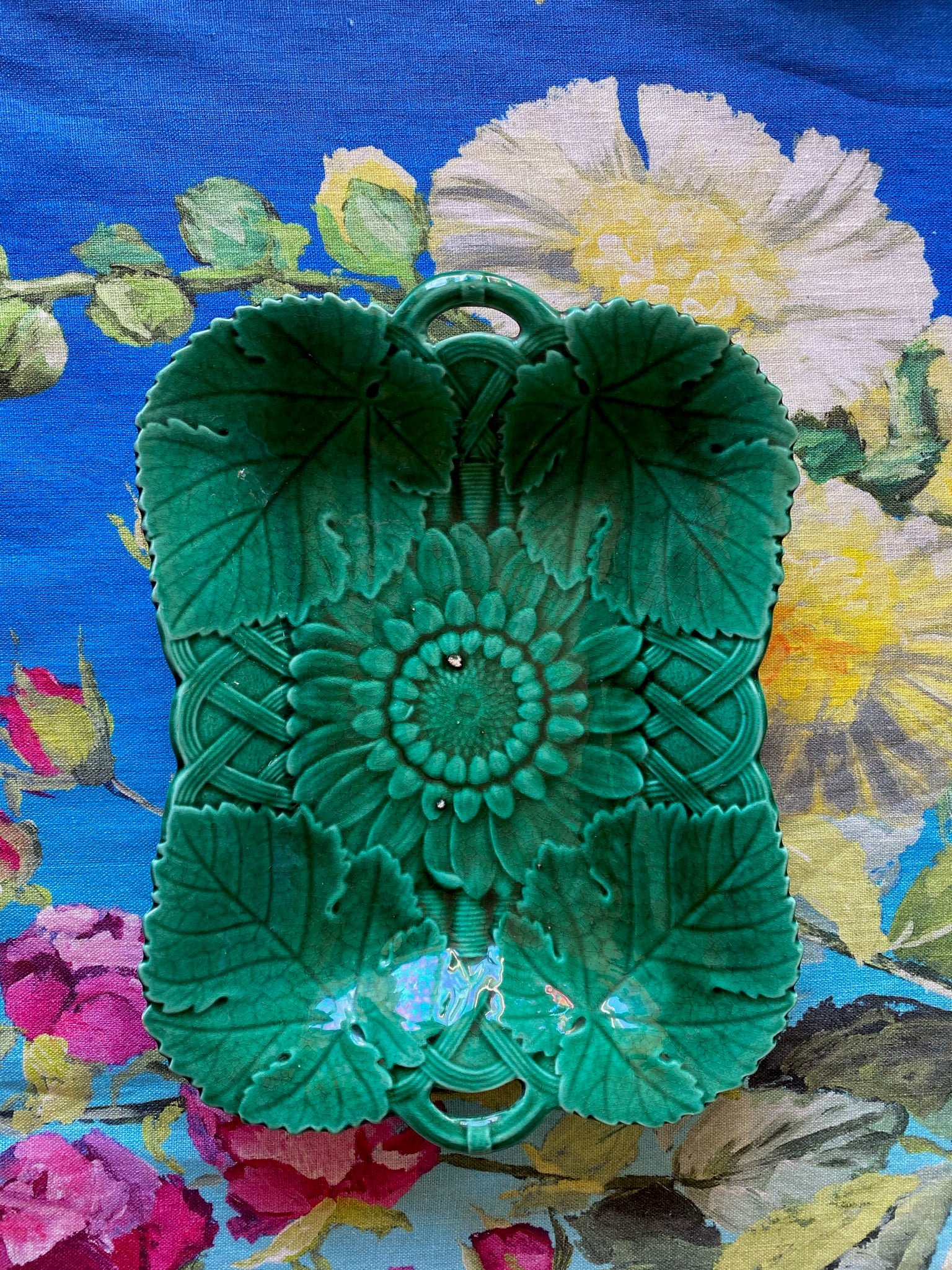 Antique Wedgwood Green Majolica Sunflower & Basket Serving Plate