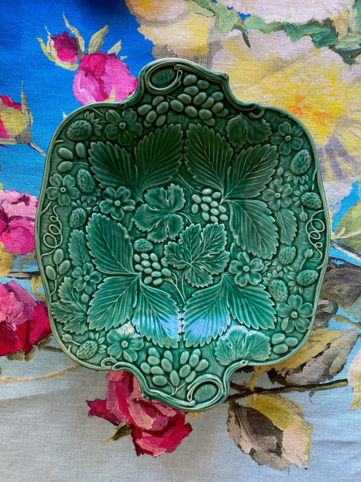 Antique Green Majolica Olive Vine &amp; Basket Serving Plate