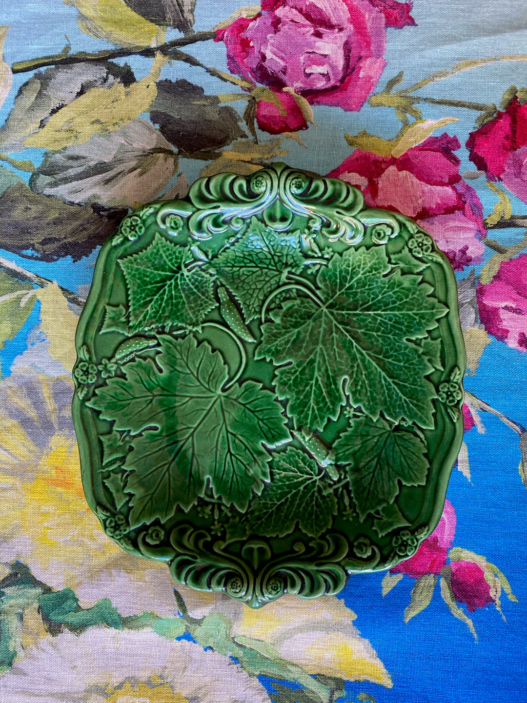 Pair of Antique Green Majolica Cucumber &amp; Basket Serving Plates
