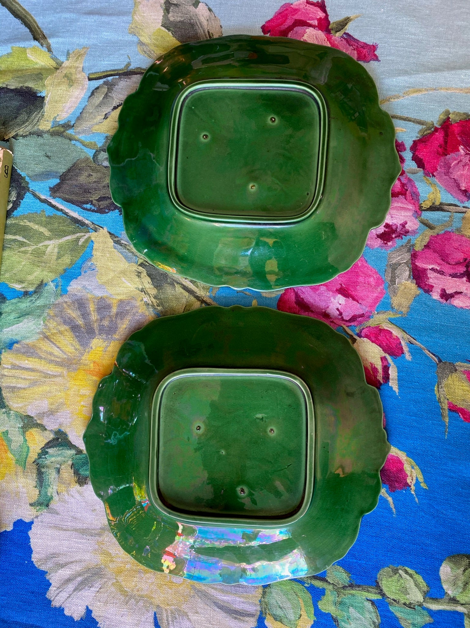 Pair of Antique Green Majolica Cucumber & Basket Serving Plates