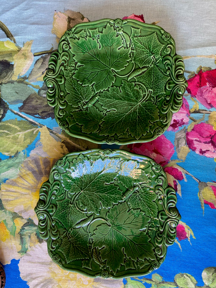 Pair of Antique Green Majolica Cucumber &amp; Basket Serving Plates