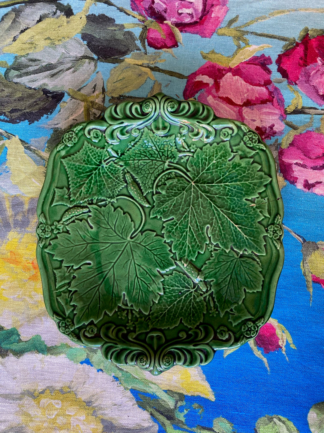 Pair of Antique Green Majolica Cucumber &amp; Basket Serving Plates