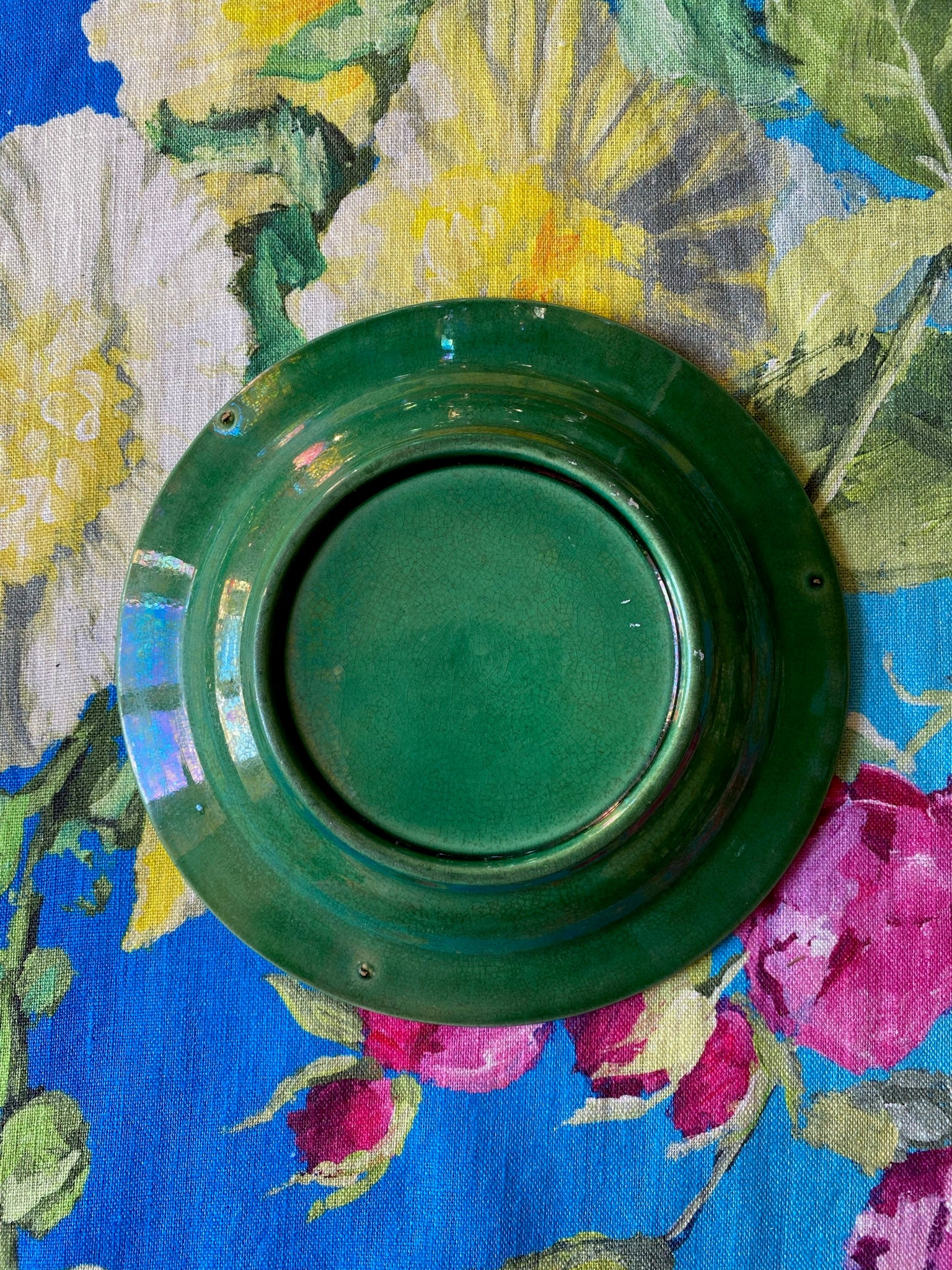 Antique Green Majolica Grapevine & Dots Plate