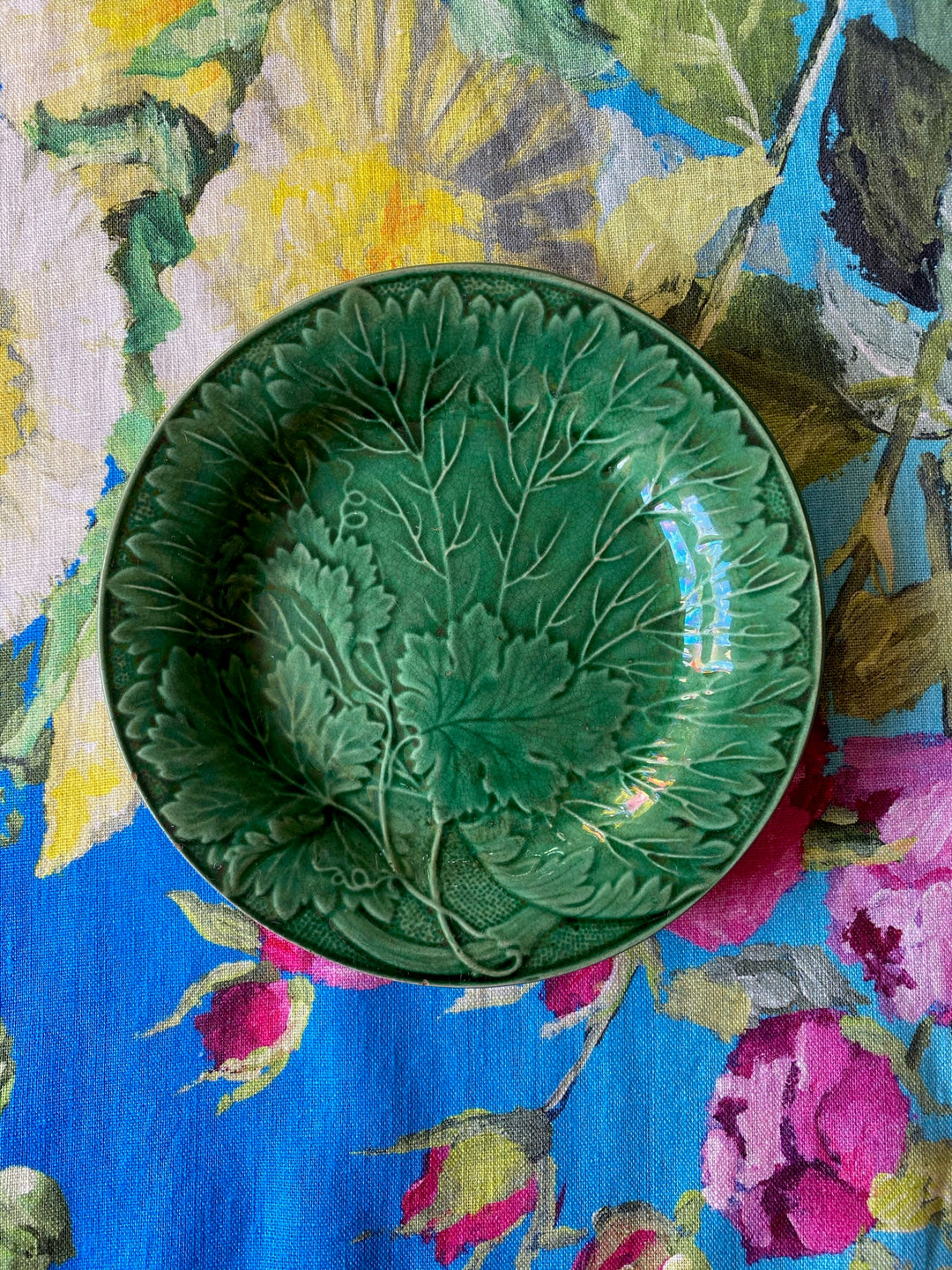 Antique Green Majolica Grapevine & Dots Plate