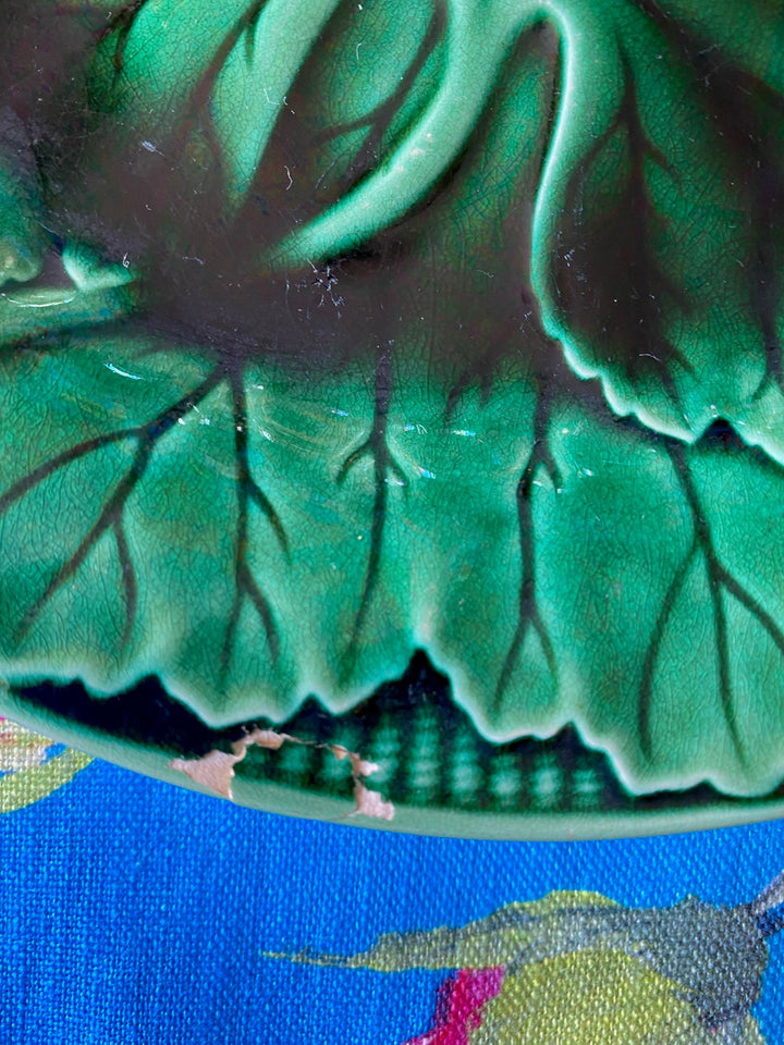 Antique Wedgwood Green Majolica Grape Leaf &amp; Basket Plate