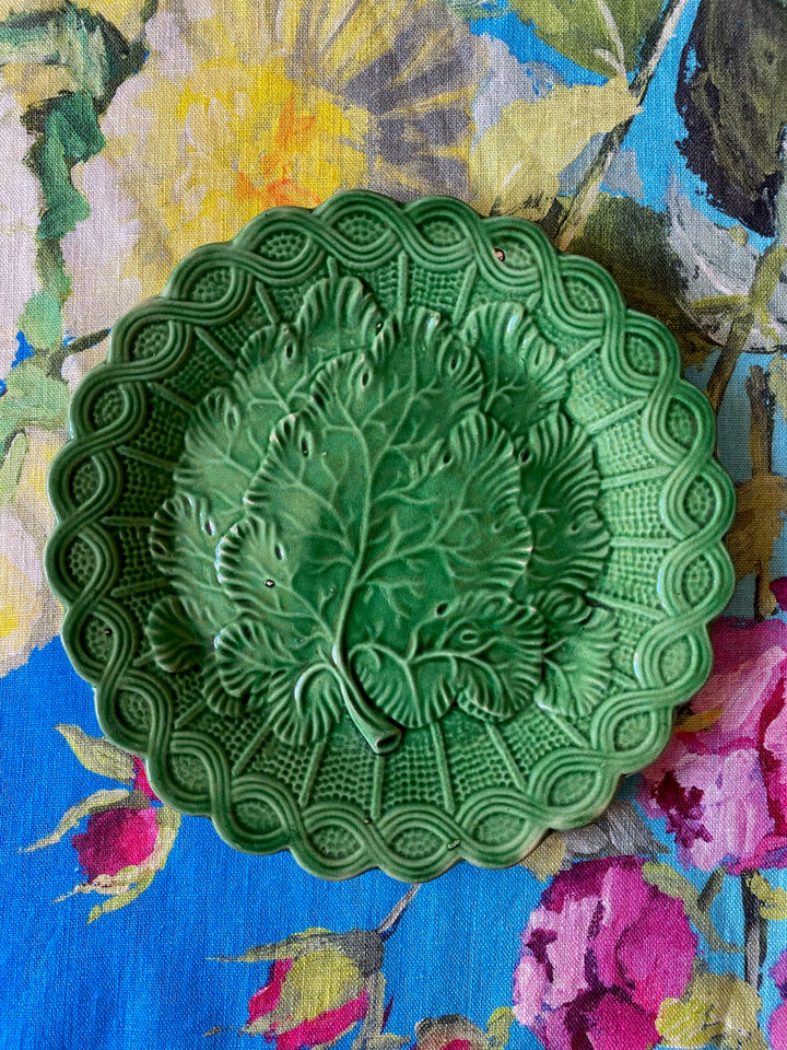 Antique Green Majolica Grape Leaves &amp; Scalloped Basket Plate