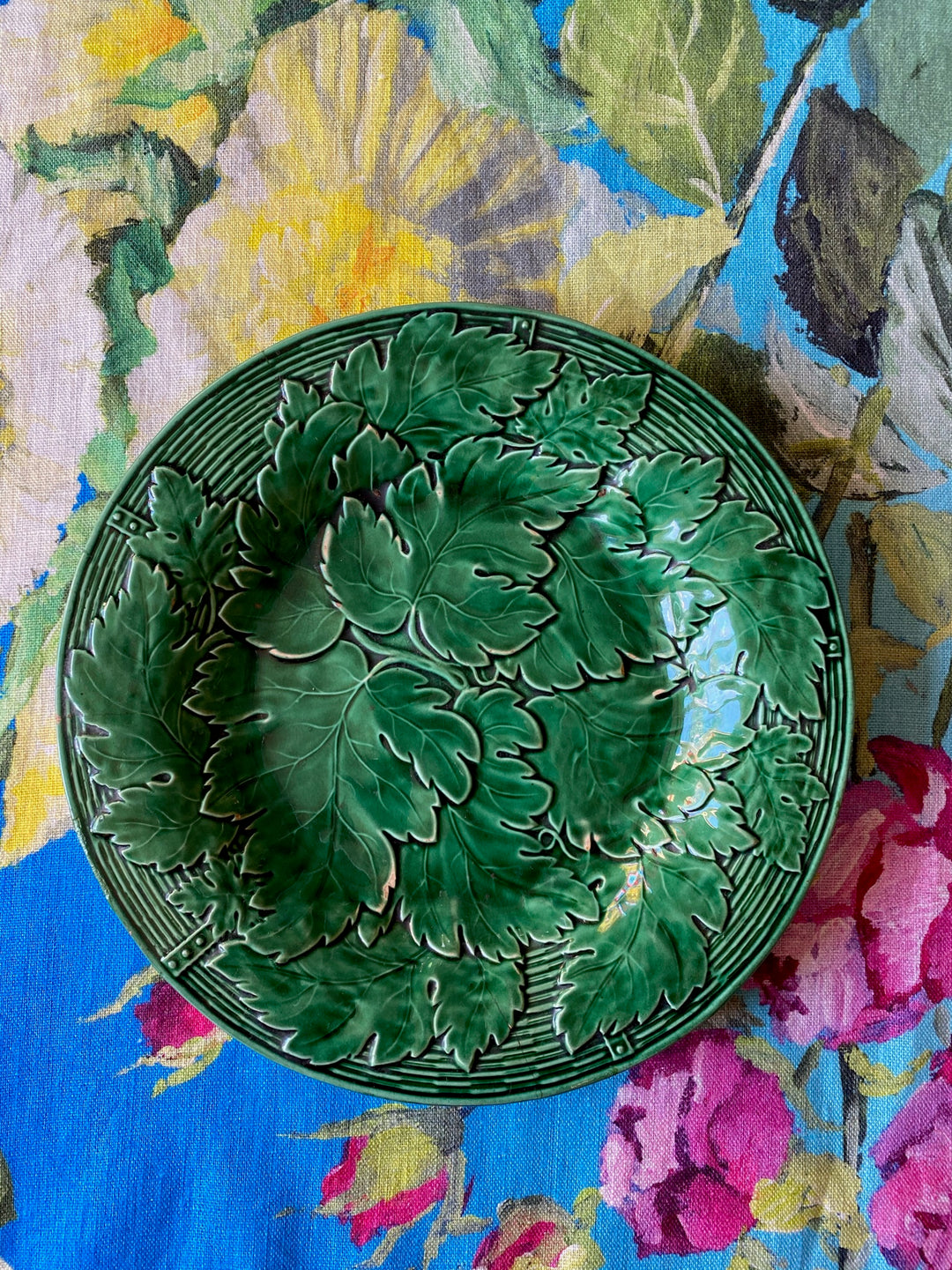 Antique Davenport Green Majolica Grape Leaf &amp; Basket Set of 3 Plates