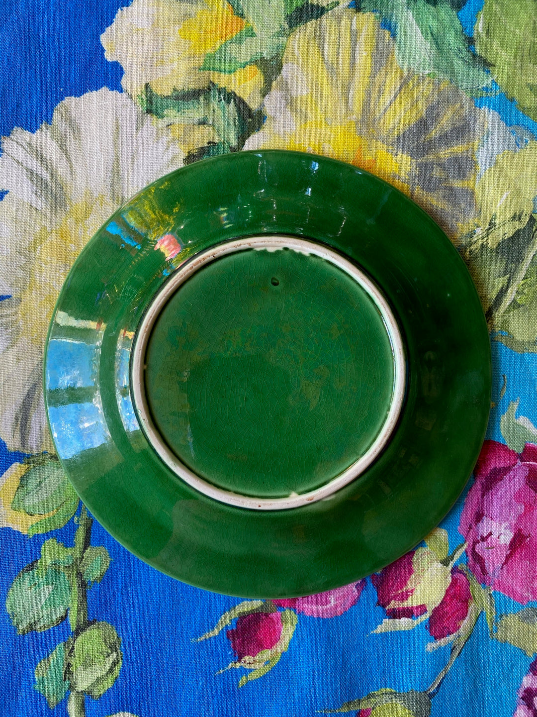 Pair of Antique Green Majolica Grapevine &amp; Dots Plates