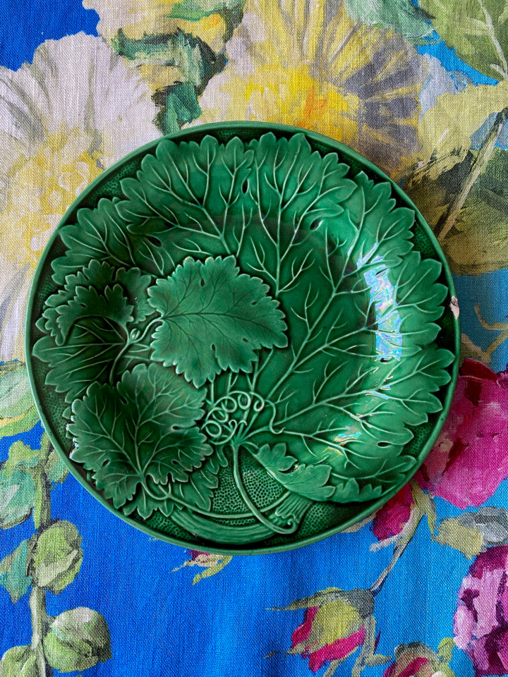 Pair of Antique Green Majolica Grapevine &amp; Dots Plates