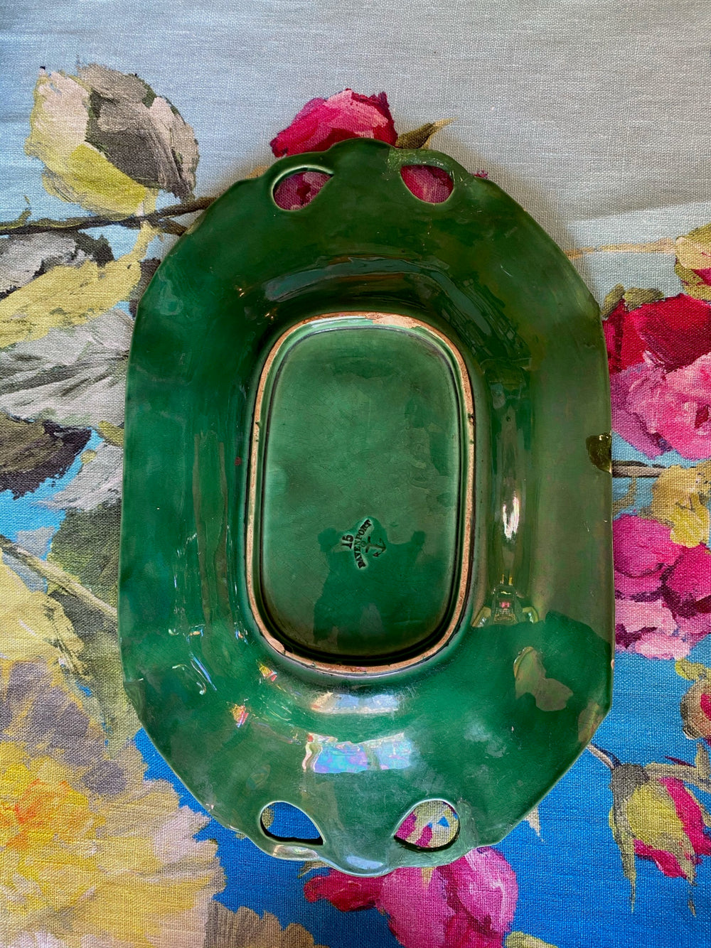 Antique Davenport Green Majolica Grapevine & Basket Serving Plate