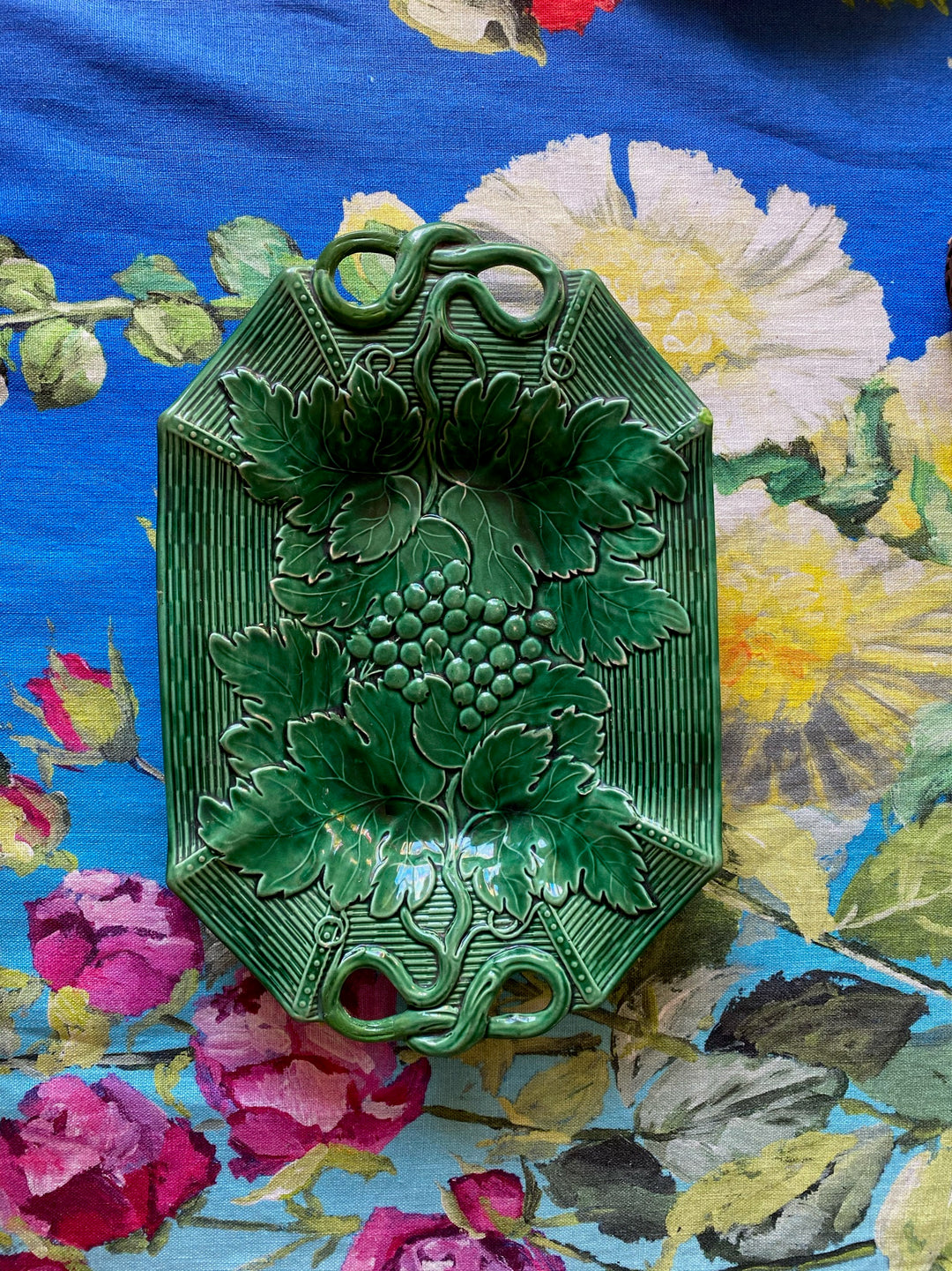 Antique Davenport Green Majolica Grapevine & Basket Serving Plate