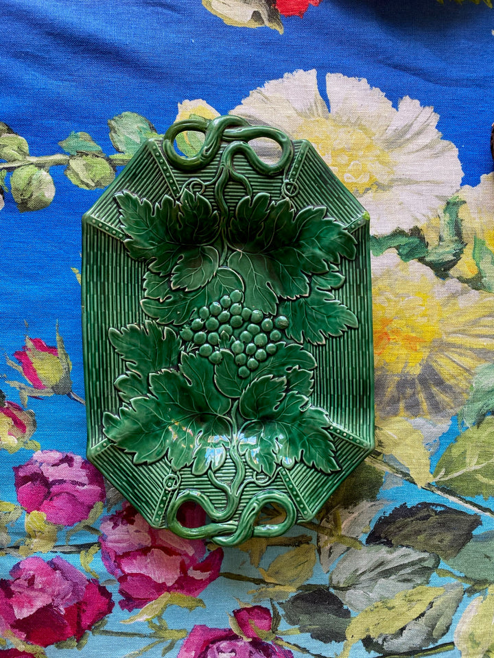 Antique Davenport Green Majolica Grapevine &amp; Basket Serving Plate