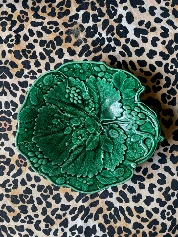 Antique Green Majolica Strawberry &amp; Grape Bowl