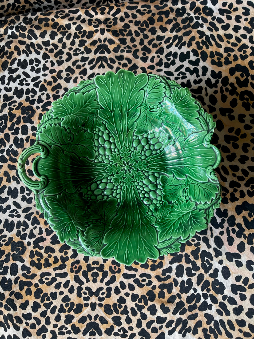 Antique Green Majolica Grape Vine Pedestal Dish