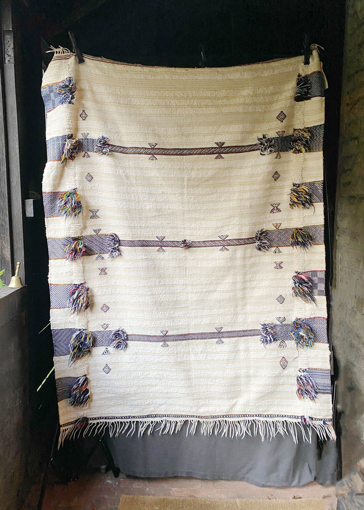 Cream &amp; Navy Stripe Moroccan Tassel Tamizart
