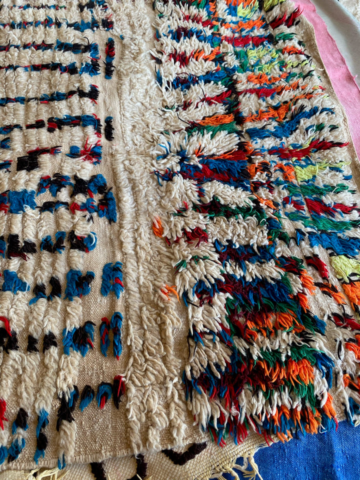 Vintage Cream &amp; Multicoloured Shaggy Moroccan Rug