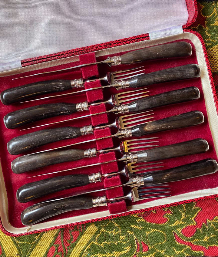 Mid Century Horn Fork &amp; Knife Set of Six