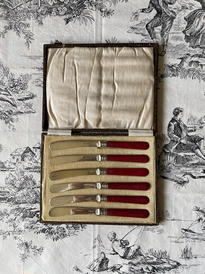 Vintage Silver Plated Red Bakelite Butter Knives