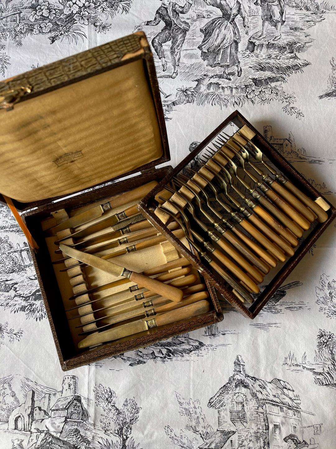 Vintage French Cutlery Canteen 24 Piece Brass &amp; Horn Handles