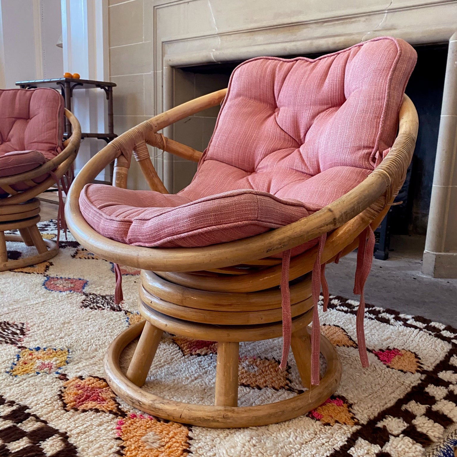 Rattan Papasan Swivel Chairs Blush Pink Cushions