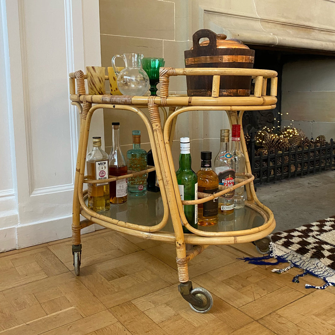 Mid Century Bamboo &amp; Glass Bar Cart