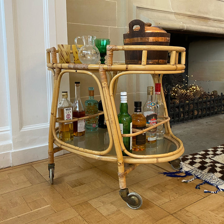 Mid Century Bamboo &amp; Glass Bar Cart