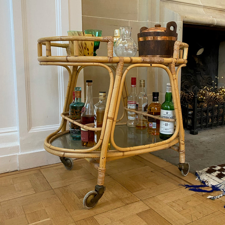 Mid Century Bamboo &amp; Glass Bar Cart