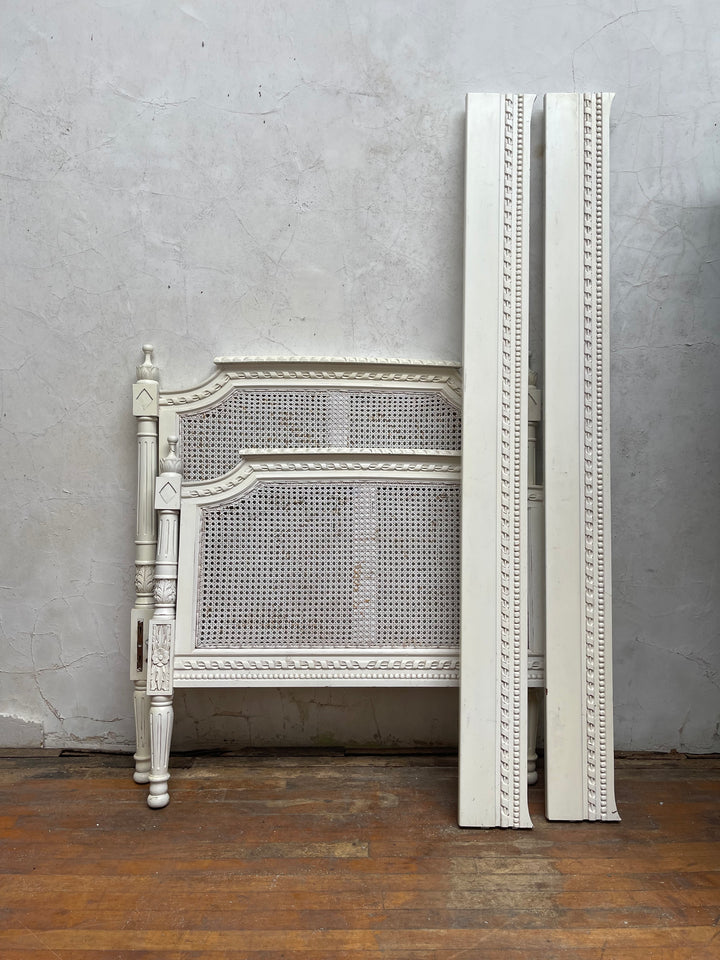 French Style Cane &amp; Carved White Large Single Bed