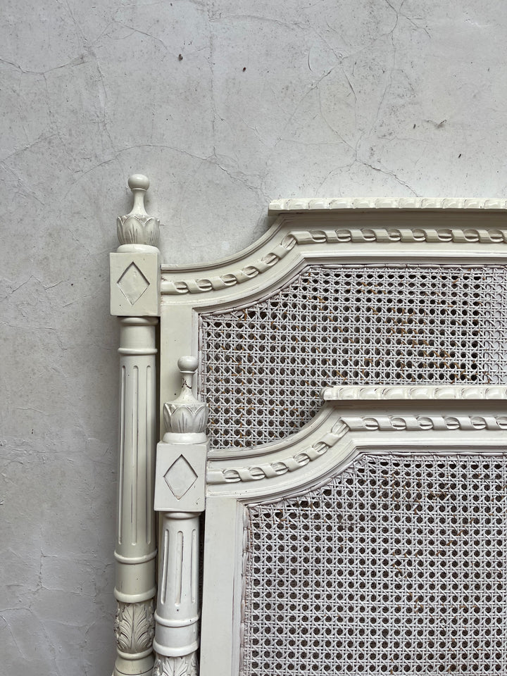 French Style Cane &amp; Carved White Large Single Bed