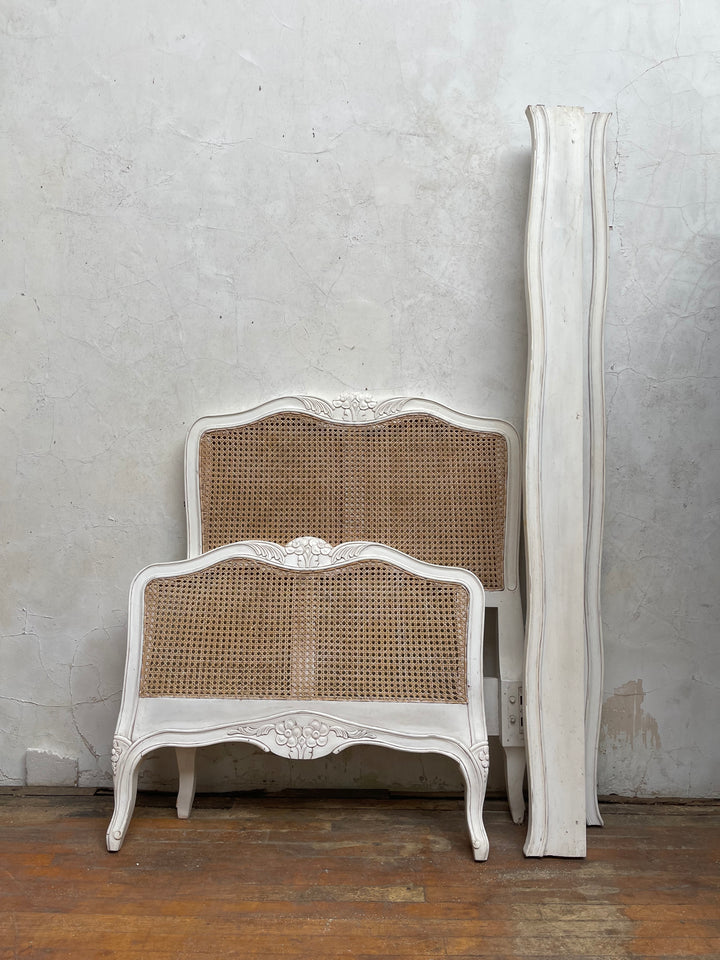 French Style Cane &amp; Carved White Single Bed
