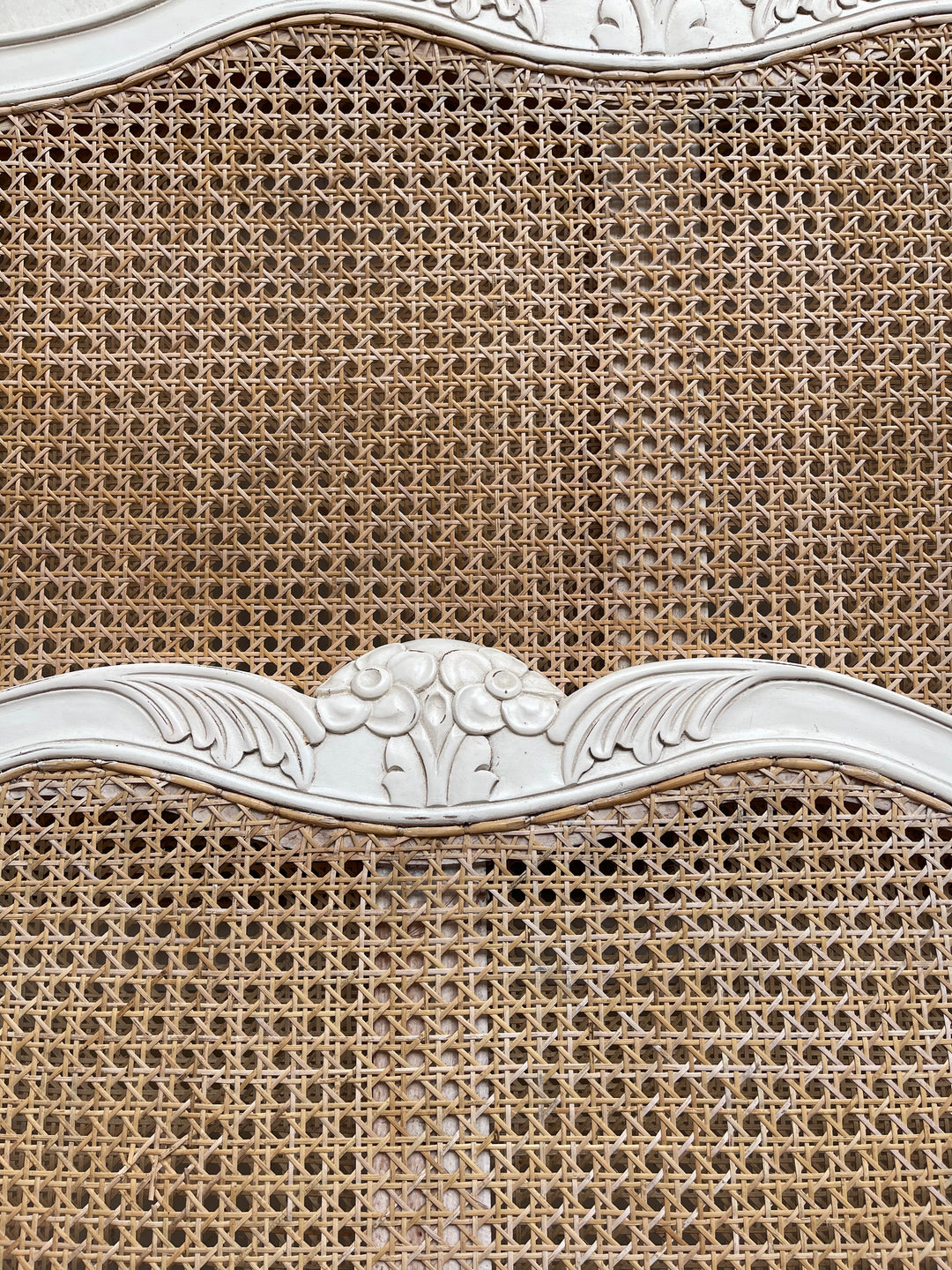 French Style Cane &amp; Carved White Single Bed