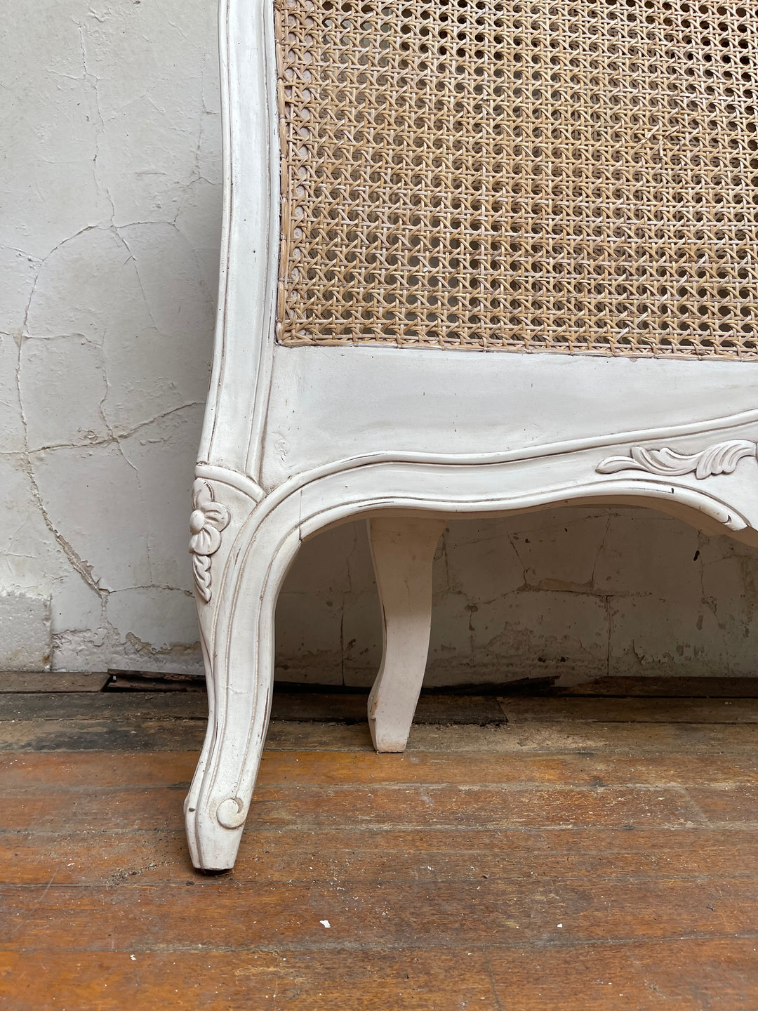 French Style Cane &amp; Carved White Single Bed