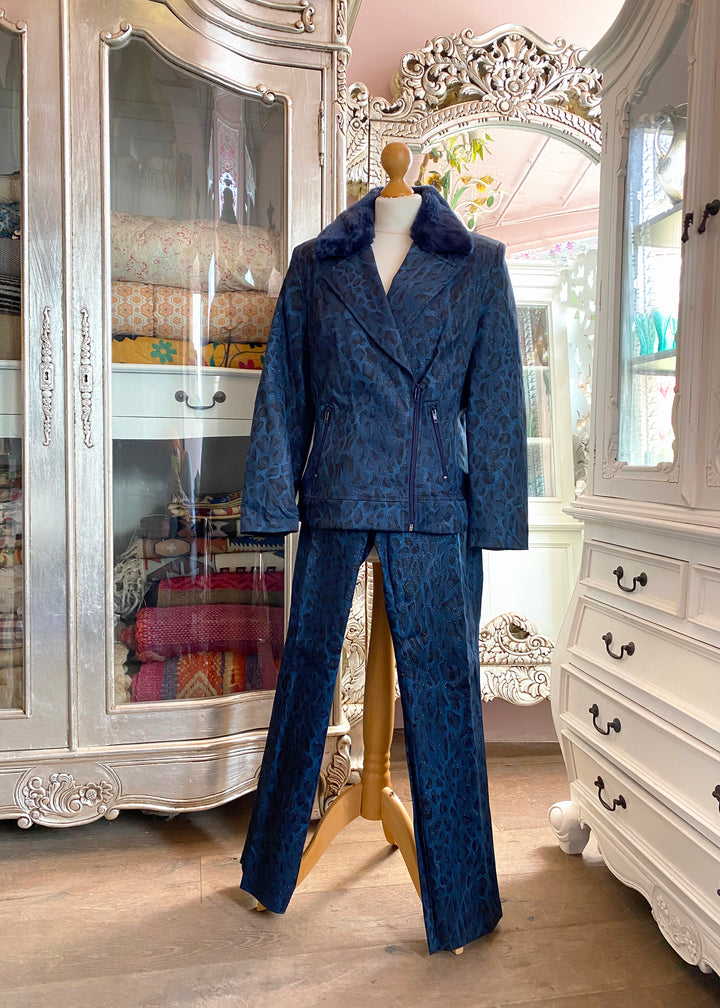 Fuego Blue Leopard Print Trouser Jacket Set