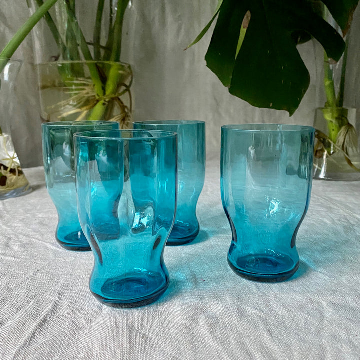 Set of Four Vinatge Teal Water Tumblers