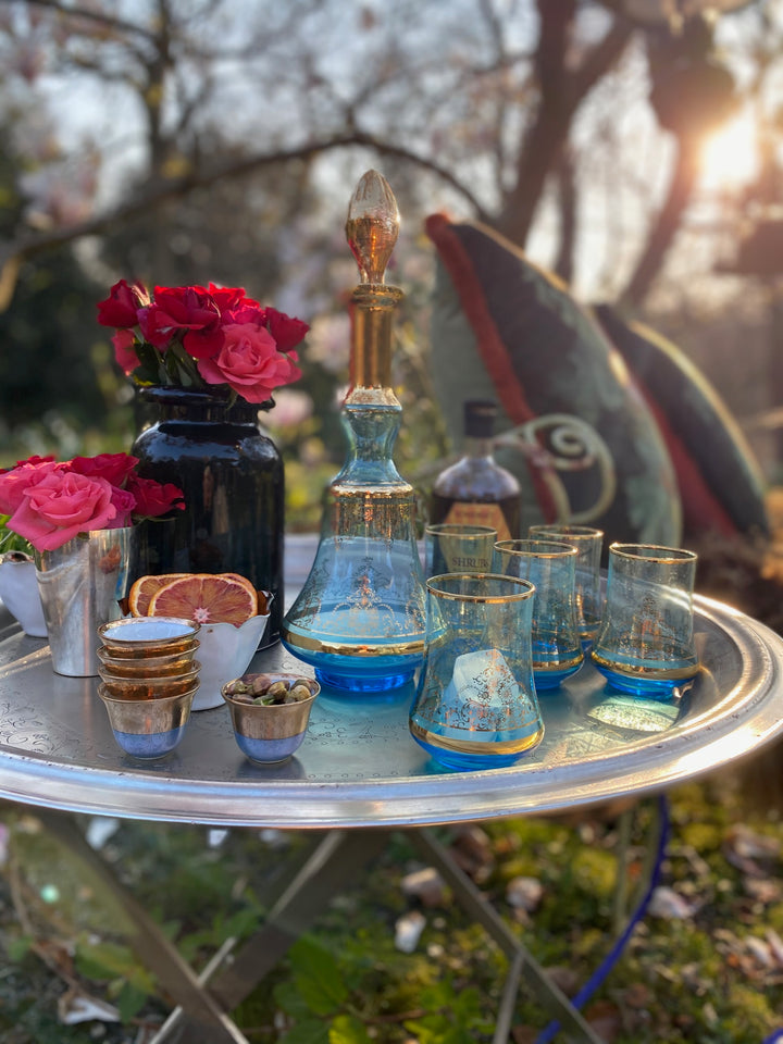 Turquoise Mid Century Moroccan Style Decanter &amp; Tumblers