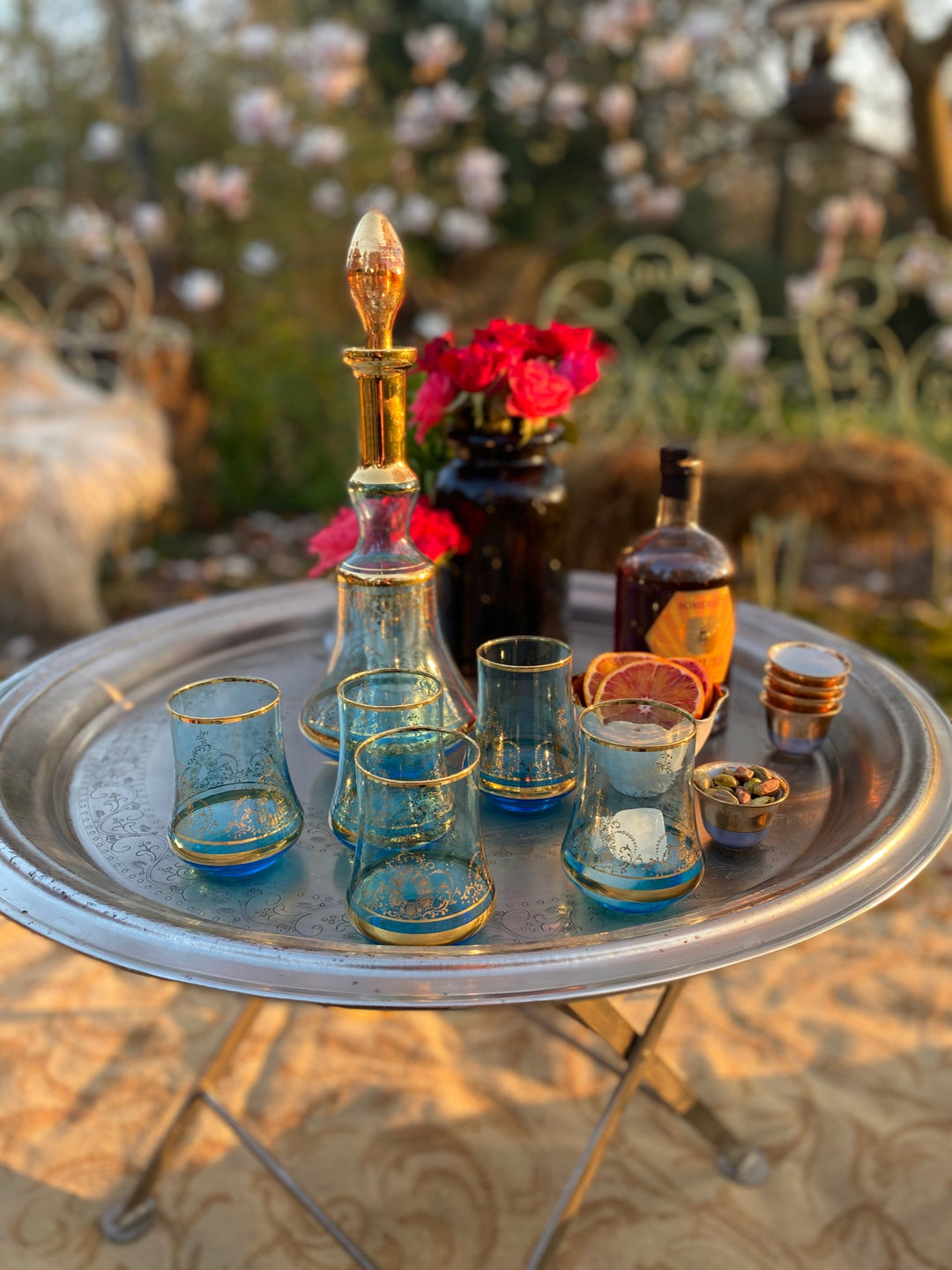 Turquoise Mid Century Moroccan Style Decanter &amp; Tumblers