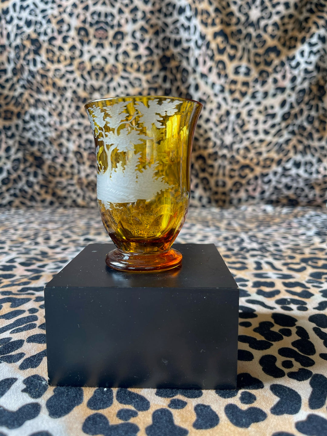Amber Glass with Etched Woodland Scene