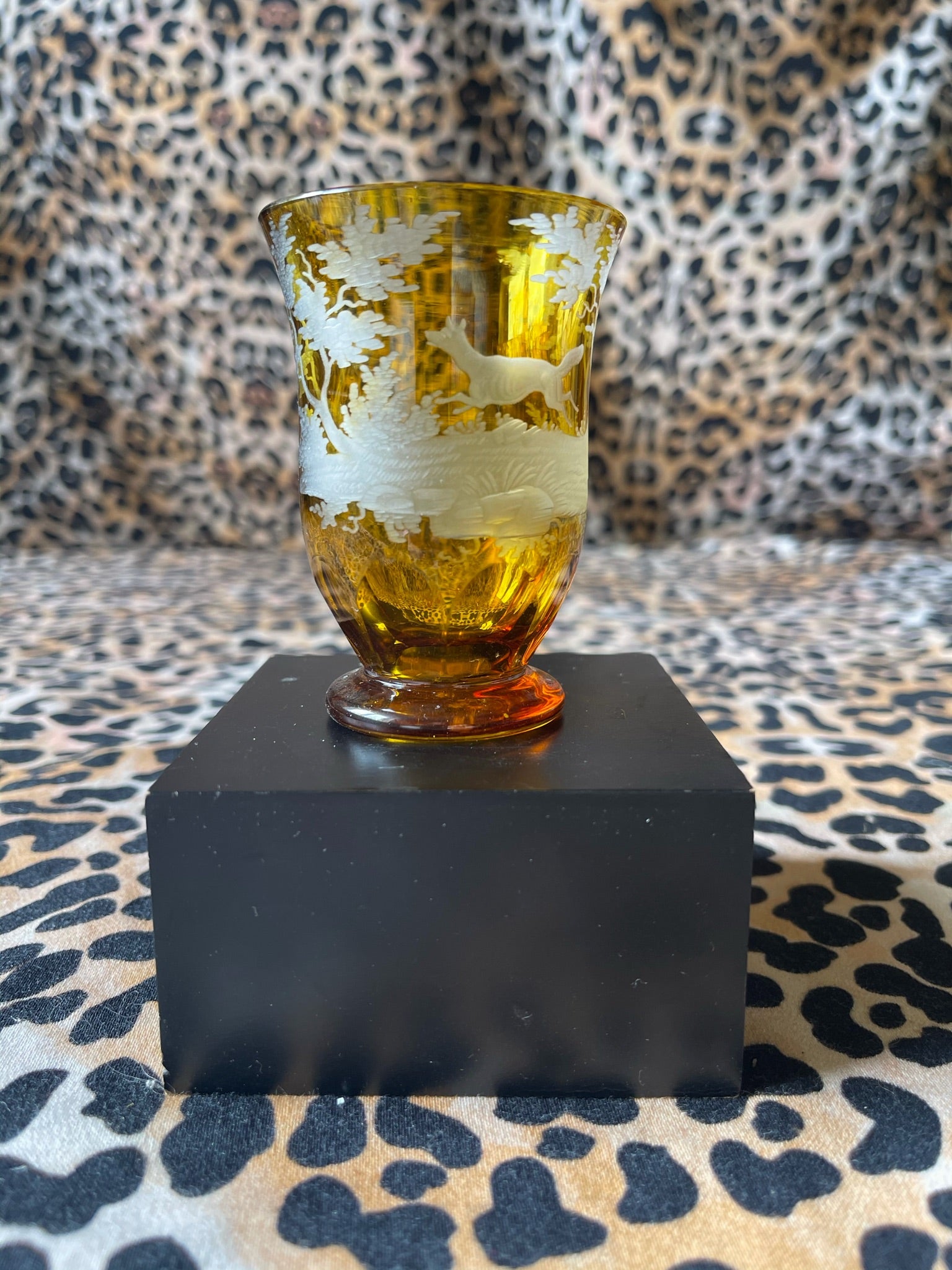 Amber Glass with Etched Woodland Scene