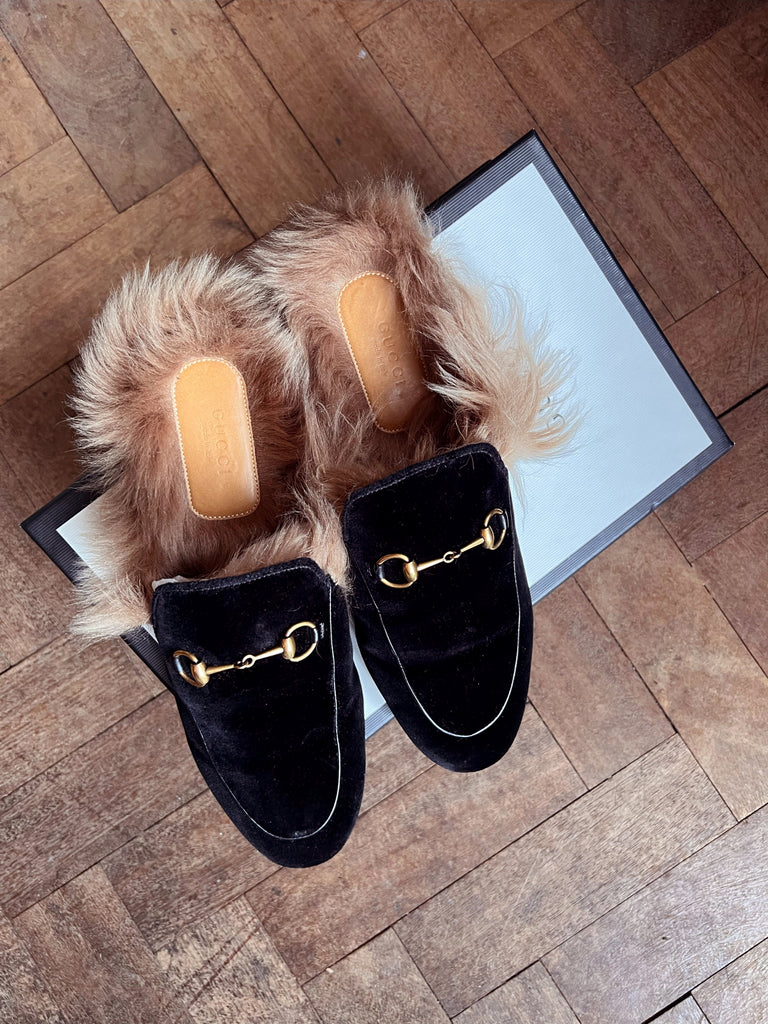Gucci Black Fur Lined Mules Gucci Black Velvet Princetown Mules