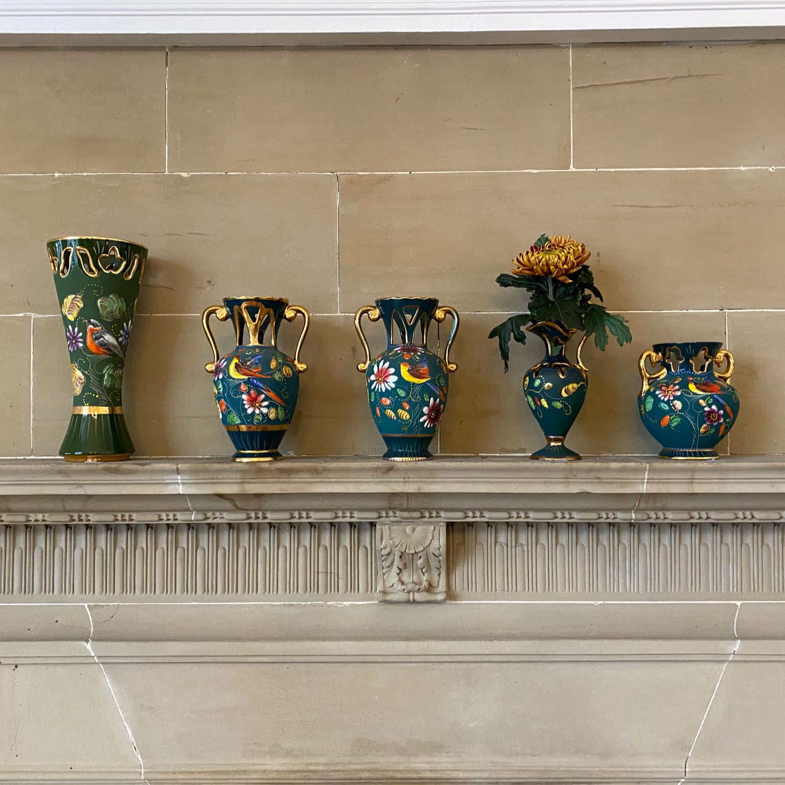 Short H. Bequet Teal Hand-painted Vase Quaregnon Belgium