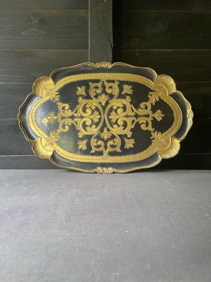 Vintage Black &amp; Gold Italian Florentine Toile Tray