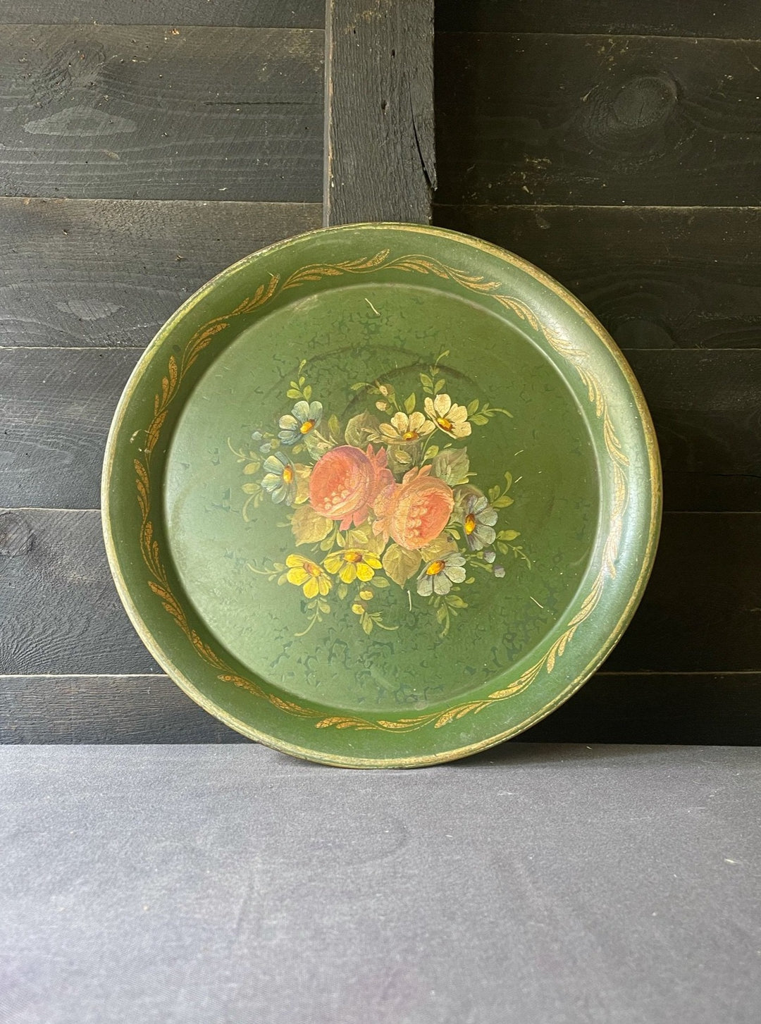 Vintage French Metal Green Toleware Tray
