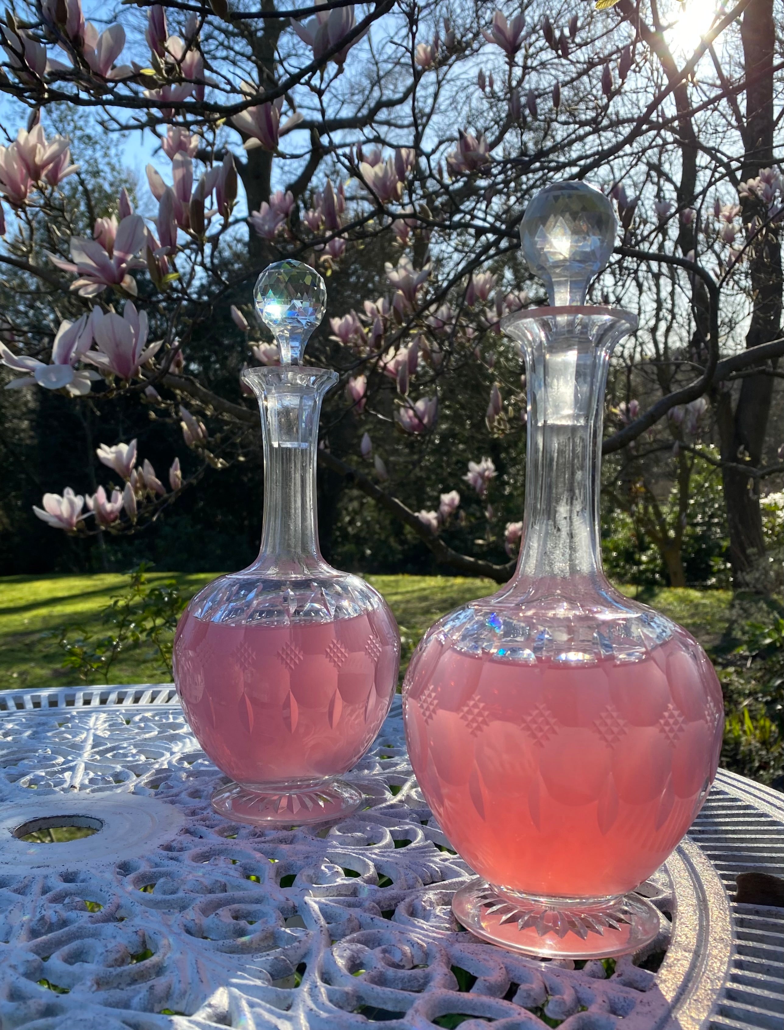 Hand Cut Pair of Crystal Bulb Decanters