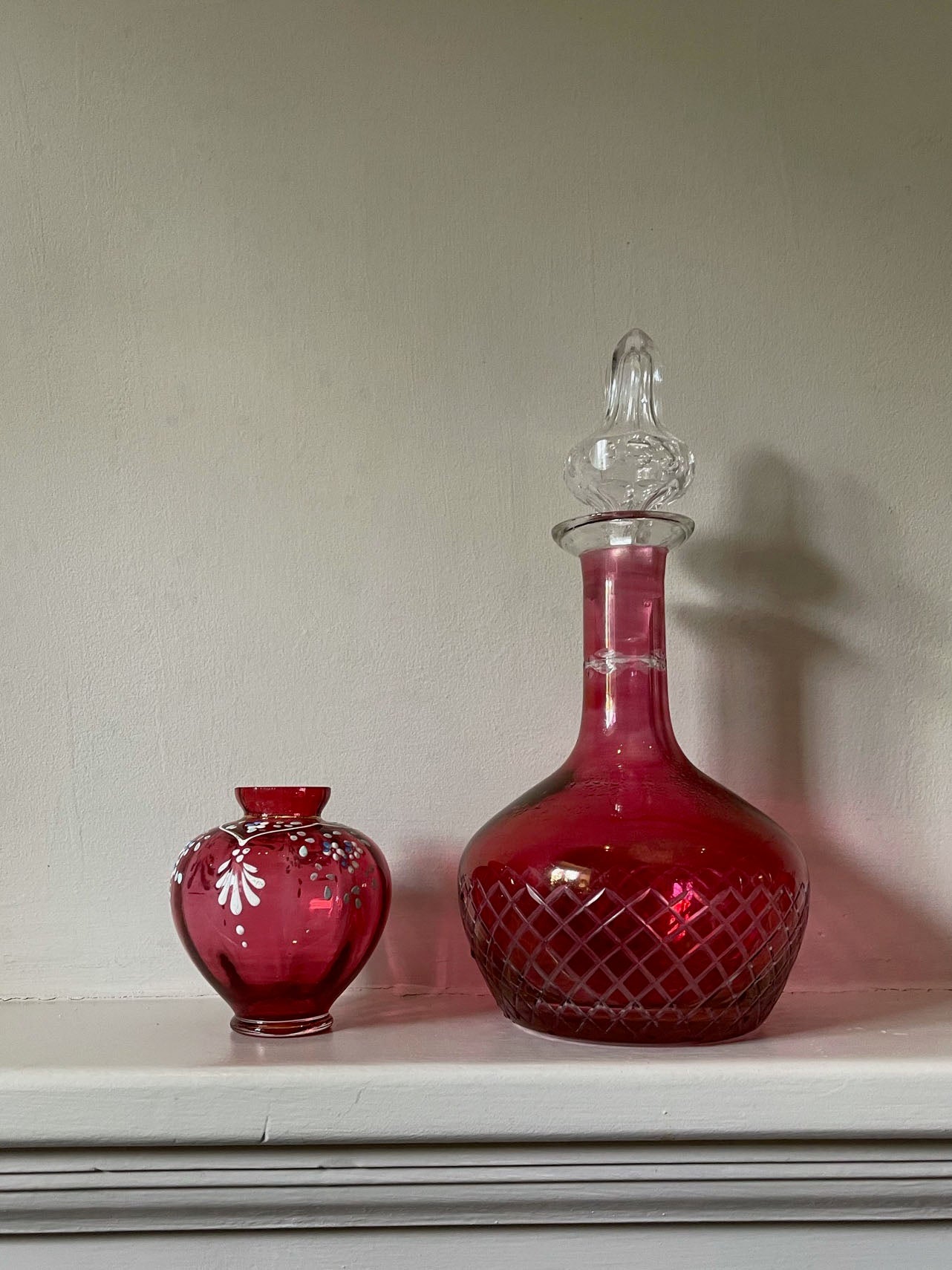 Vintage Cranberry Hand-painted Glass Bud Vase